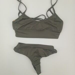 Gooseberry Seaside Olive Green Bikini Set scoop neck top S thong bottom XS